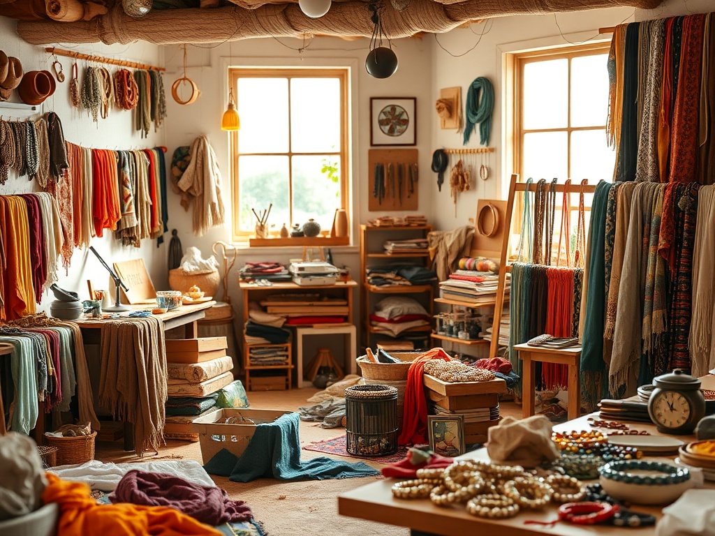 O cameră plină de materiale textile colorate, accesorii și obiecte de artizanat, cu un aer creativ și organizat.