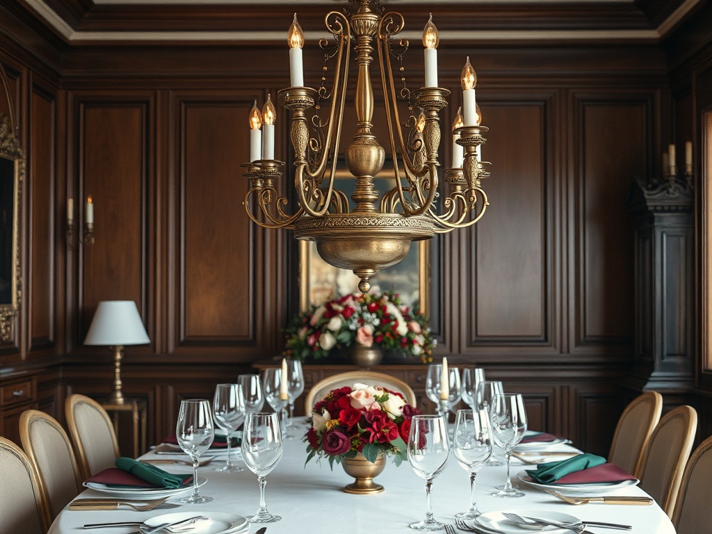 O masă elegantă, decorată cu flori și cristale, într-o cameră cu pereți din lemn și un candelabru sofisticat.