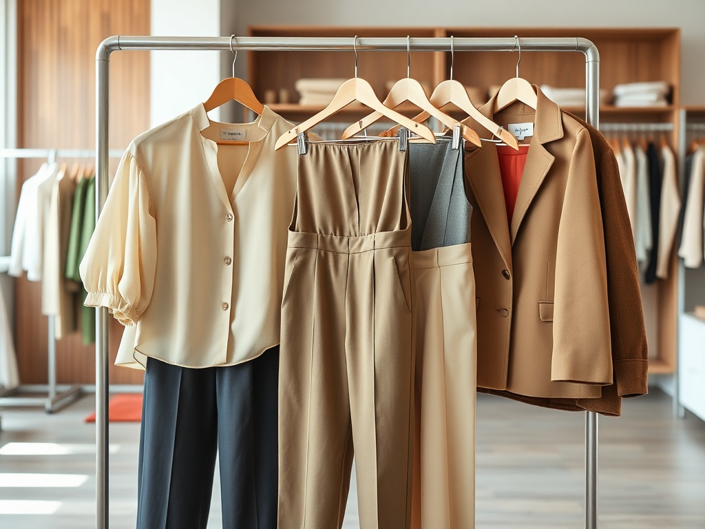 Unstativ cu haine elegante: o bluză, pantaloni și un sacou, prezentate într-un magazin modern.
